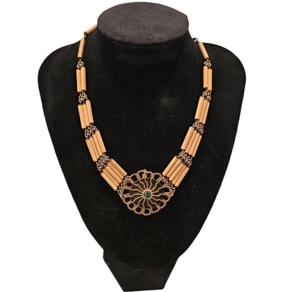 Vintage Turquoise Center Boho Flower Bamboo Choker Necklace - Picture 11 of 12